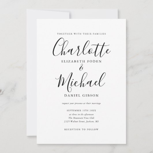 Elegante Schwarz-Weiß-Signatur-Skripte Hochzeit Einladung (Vorderseite)