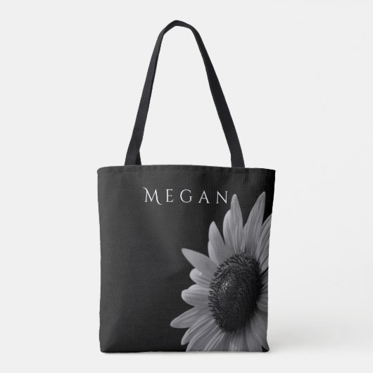 Elegante Schwarz-Weiß-Sonnenblumen Ihren Namen zuw Tasche (Rückseite)