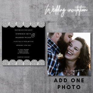 Elegante Schwarz-Weiß-Spitze Foto-Hochzeit Einladung