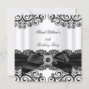 Elegante Schwarz-Weiß-Spitzen-Schleifen-Geburtstag Einladung