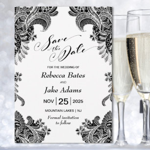 Elegante Schwarz-Weiß-Spitzenhochzeit Save The Date