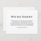 Elegante Schwarz-Weiß-Stornierung Ankündigungspostkarte (Vorne/Hinten)