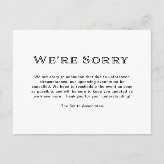 Elegante Schwarz-Weiß-Stornierung Ankündigungspostkarte (Vorderseite)