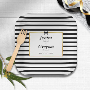 Elegante Schwarz-Weiß-Streifen-Goldrahmen-Hochzeit Pappteller