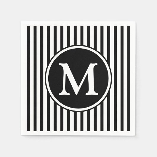 Elegante Schwarz-Weiß-Streifen in Monogramm Serviette (Vorderseite)