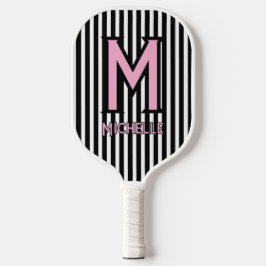 Elegante Schwarz-Weiß-Streifen mit rosa Schriftmon Pickleball Schläger