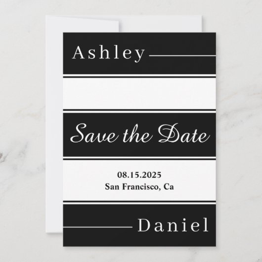 Elegante Schwarz-Weiß-Streifen Moderne Hochzeit Save The Date (Vorderseite)