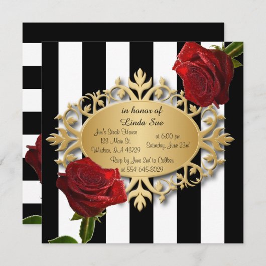 Elegante Schwarz-Weiß-Streifen und Rote Rosen Einladung (Vorne/Hinten)