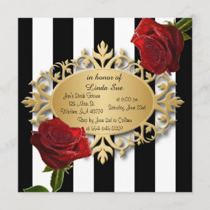 Elegante Schwarz-Weiß-Streifen und Rote Rosen Einladung