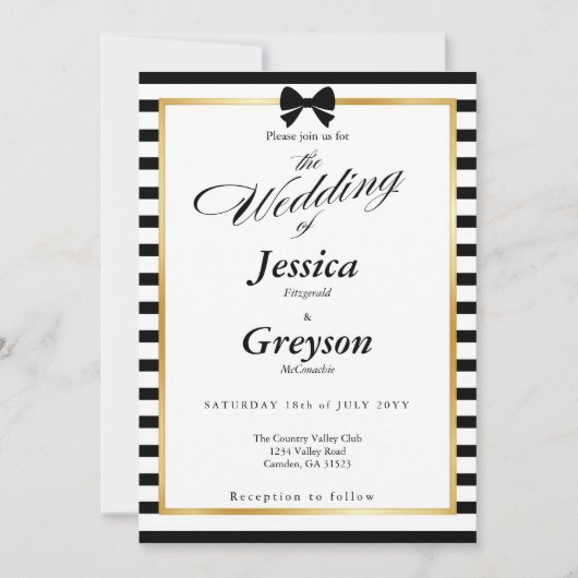 Elegante Schwarz-weiß Stripe-Goldrahmen-Hochzeit Einladung (Vorderseite)
