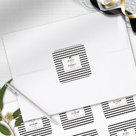 Elegante Schwarz-weiß Stripe-Goldrahmen-Hochzeit Quadratischer Aufkleber