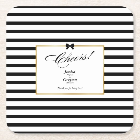 Elegante Schwarz-weiß Stripe-Goldrahmen-Hochzeit Rechteckiger Pappuntersetzer (Vorderseite)