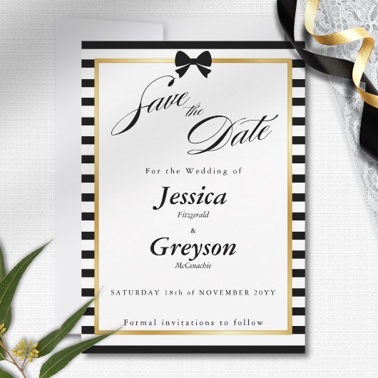 Elegante Schwarz-weiß Stripe-Goldrahmen-Hochzeit Save The Date
