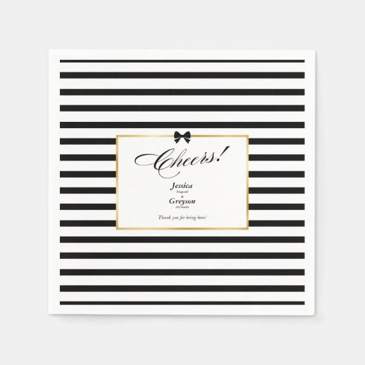 Elegante Schwarz-weiß Stripe-Goldrahmen-Hochzeit Serviette (Vorderseite)