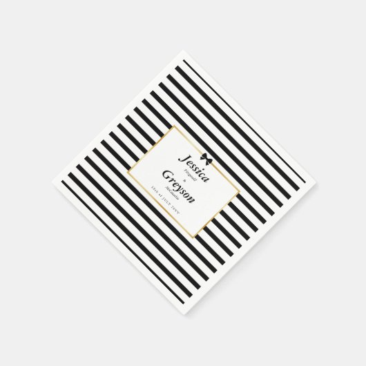 Elegante Schwarz-weiß Stripe-Goldrahmen-Hochzeit Serviette (Ecke)