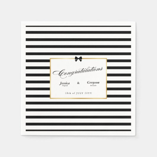 Elegante Schwarz-weiß Stripe-Goldrahmen-Hochzeit Serviette (Vorderseite)