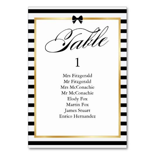 Elegante Schwarz-weiß Stripe-Goldrahmen-Hochzeit Tischnummer (Vorderseite)