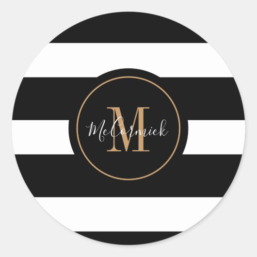 Elegante Schwarz-weiß Stripes Gold Monogramm Name Runder Aufkleber (Vorderseite)