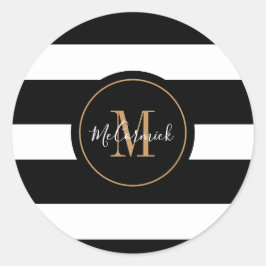 Elegante Schwarz-weiß Stripes Gold Monogramm Name Runder Aufkleber