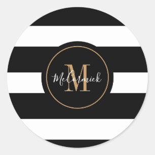 Elegante Schwarz-weiß Stripes Gold Monogramm Name Runder Aufkleber