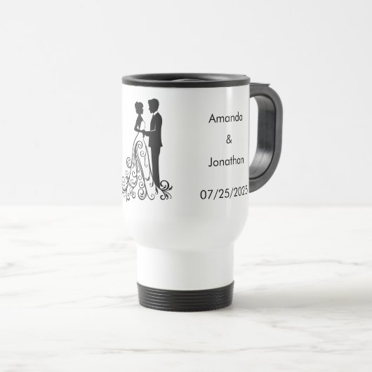 Elegante Schwarz-Weiß-Tasse Save the Date Hochzeit Reisebecher (VorderseiteRechts)