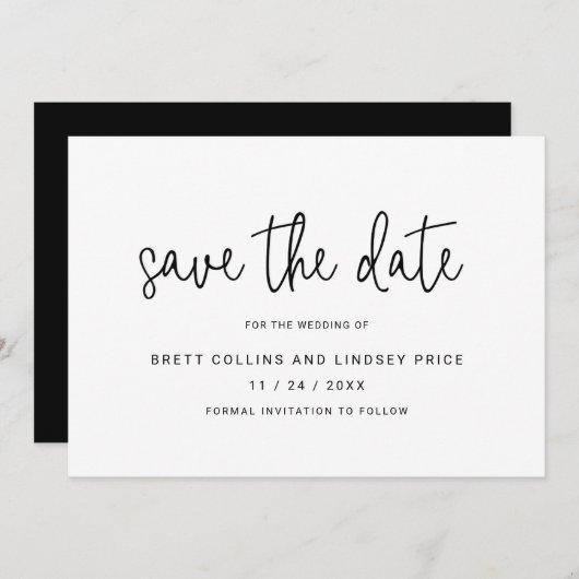 Elegante Schwarz-Weiß-Typografie Moderne Hochzeit Save The Date (Vorne/Hinten)
