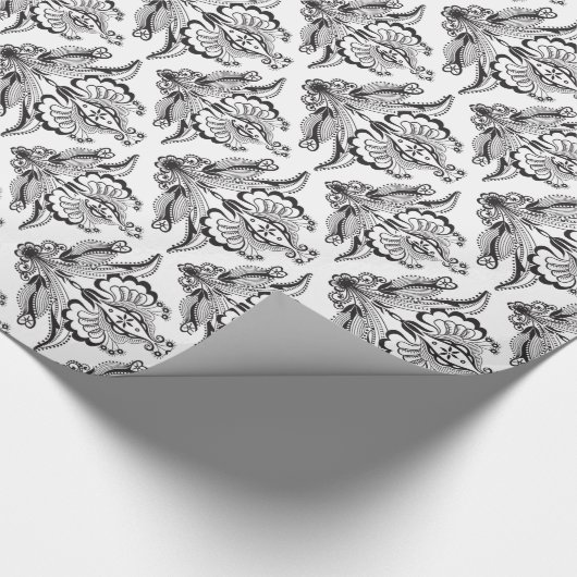 Elegante Schwarz-Weiß-Verzierte Damaskus Geschenkpapier (Ecke)