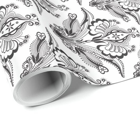 Elegante Schwarz-Weiß-Verzierte Damaskus Geschenkpapier (Rolleneckpunkt)