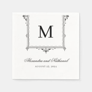 Elegante Schwarz-Weiß-Vintage Monogramm-Hochzeit Serviette