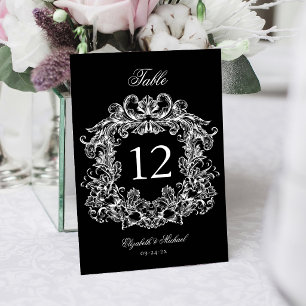 Elegante Schwarz-Weiß-Vintage-Wappen-Hochzeit Tischnummer