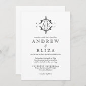 Elegante Schwarz-Weiß-Wappen-Monogramm-Hochzeit Einladung (Vorne/Hinten)