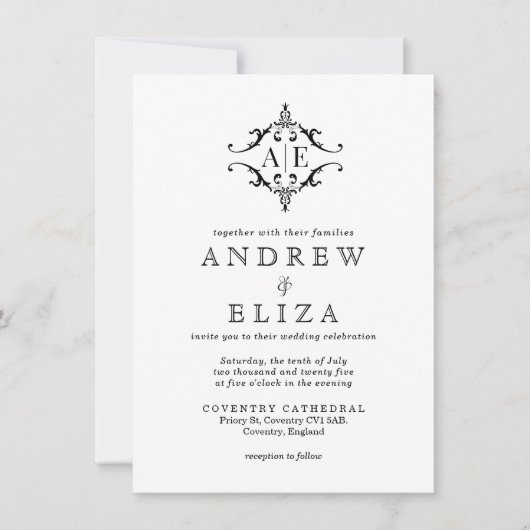 Elegante Schwarz-Weiß-Wappen-Monogramm-Hochzeit Einladung (Vorderseite)