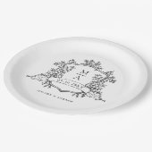 Elegante Schwarz-Weiß-Wappen-Monogramm-Hochzeit Pappteller (Schrägansicht)