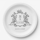 Elegante Schwarz-Weiß-Wappen-Monogramm-Hochzeit Pappteller (Vorderseite)