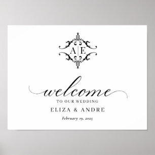 Elegante Schwarz-Weiß-Wappen-Monogramm-Hochzeit Poster