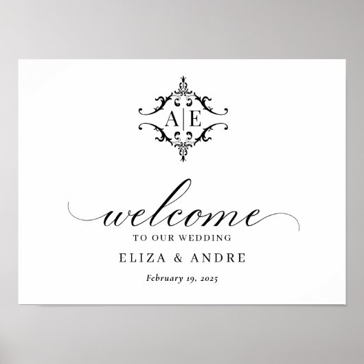 Elegante Schwarz-Weiß-Wappen-Monogramm-Hochzeit Poster (Vorne)