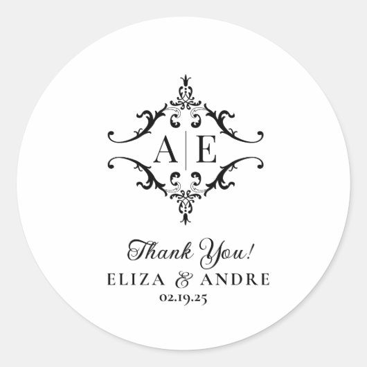 Elegante Schwarz-Weiß-Wappen-Monogramm-Hochzeit Runder Aufkleber (Vorderseite)