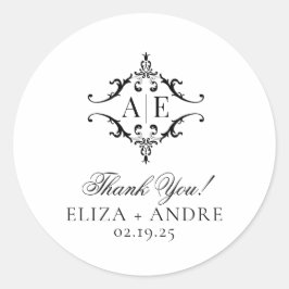 Elegante Schwarz-Weiß-Wappen-Monogramm-Hochzeit Runder Aufkleber