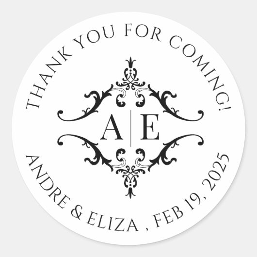 Elegante Schwarz-Weiß-Wappen-Monogramm-Hochzeit Runder Aufkleber (Vorderseite)