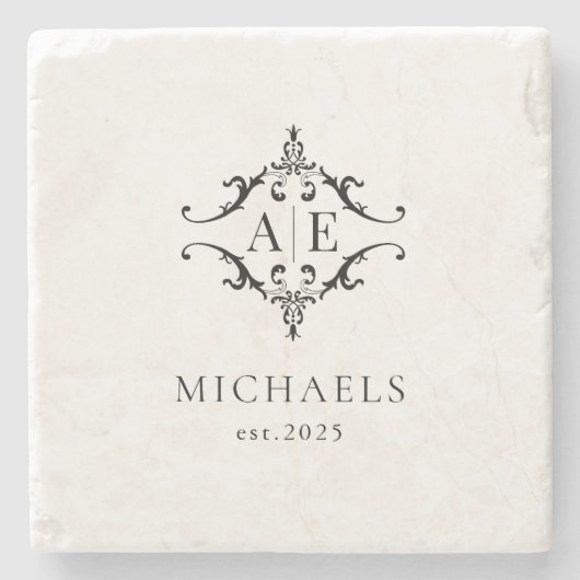 Elegante Schwarz-Weiß-Wappen-Monogramm-Hochzeit Steinuntersetzer (Vorderseite)