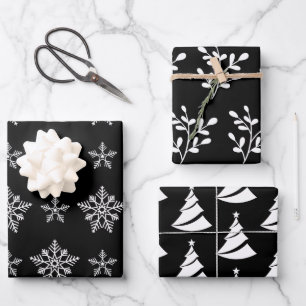 Elegante Schwarz-Weiß-Weihnachtselemente Geschenkpapier Set