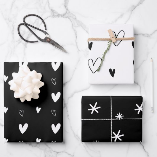 Elegante Schwarz & Weiß Weihnachtsherzen Schneeflo Geschenkpapier Set (Vorderseite)