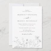 Elegante Schwarz-Weiß-Wildblumen Moderne Hochzeit Einladung (Vorderseite)