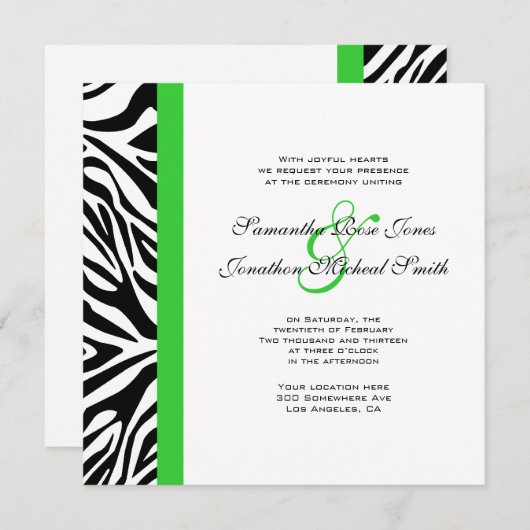 Elegante Schwarz-Weiß Zebra Lime Green Wedding Einladung (Vorne/Hinten)