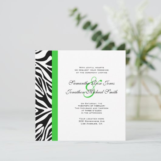 Elegante Schwarz-Weiß Zebra Lime Green Wedding Einladung (Stehend Vorderseite)