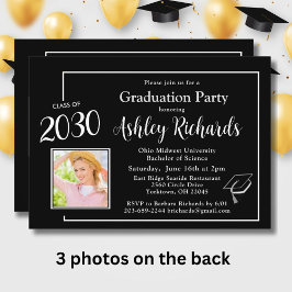 Elegante Schwarz-weiße 4-Foto-Graduierungspartei Einladung