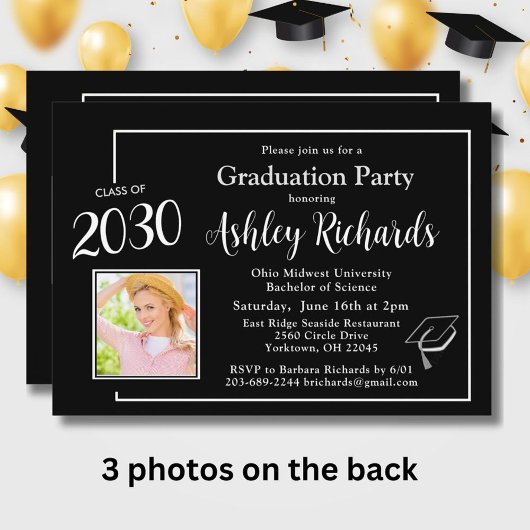 Elegante Schwarz-weiße 4-Foto-Graduierungspartei Einladung
