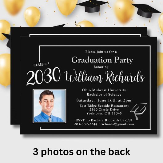 Elegante Schwarz-weiße 4-Foto-Graduierungspartei Einladung