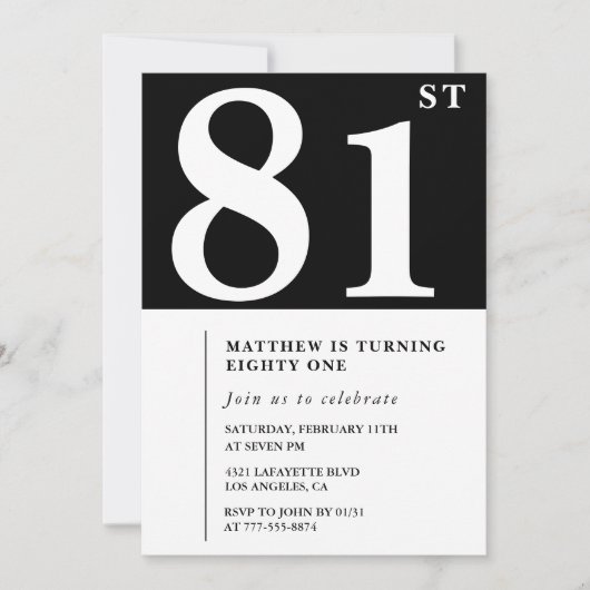 Elegante Schwarz-weiße 81. Geburtstagsfeier Einladung (Vorderseite)