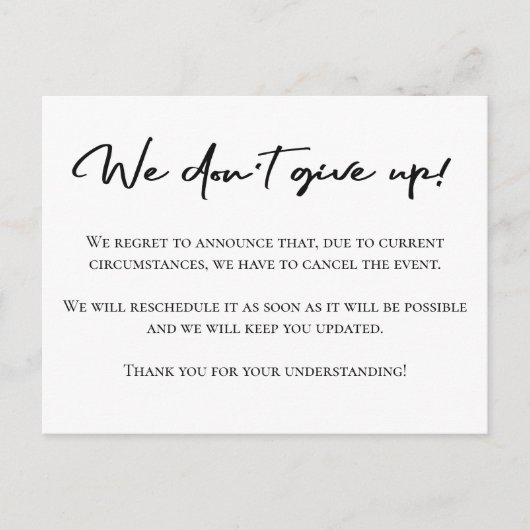 Elegante schwarz-weiße Annullierungsankündigung Postkarte (Vorderseite)